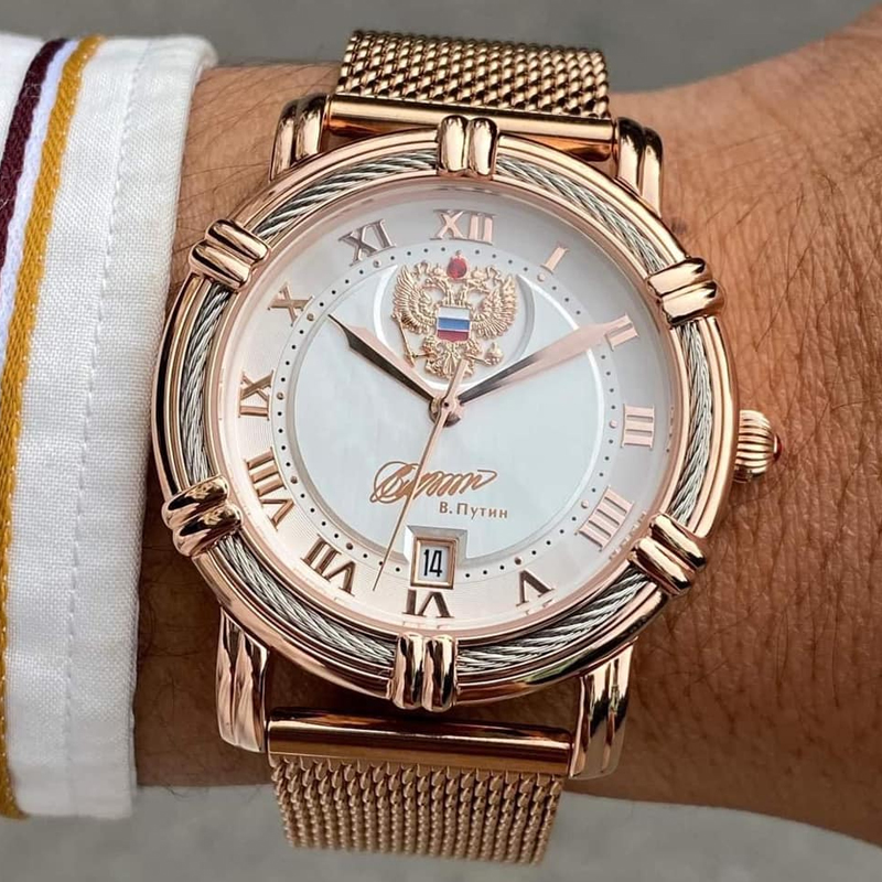 俄罗斯总统表自动机械镀金嵌入红宝石普京签名贝母表盘真皮钢带