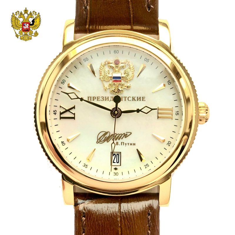 普京签名俄罗斯总统表自动机械镀金贝母彩盘休闲商务男透底蓝宝石