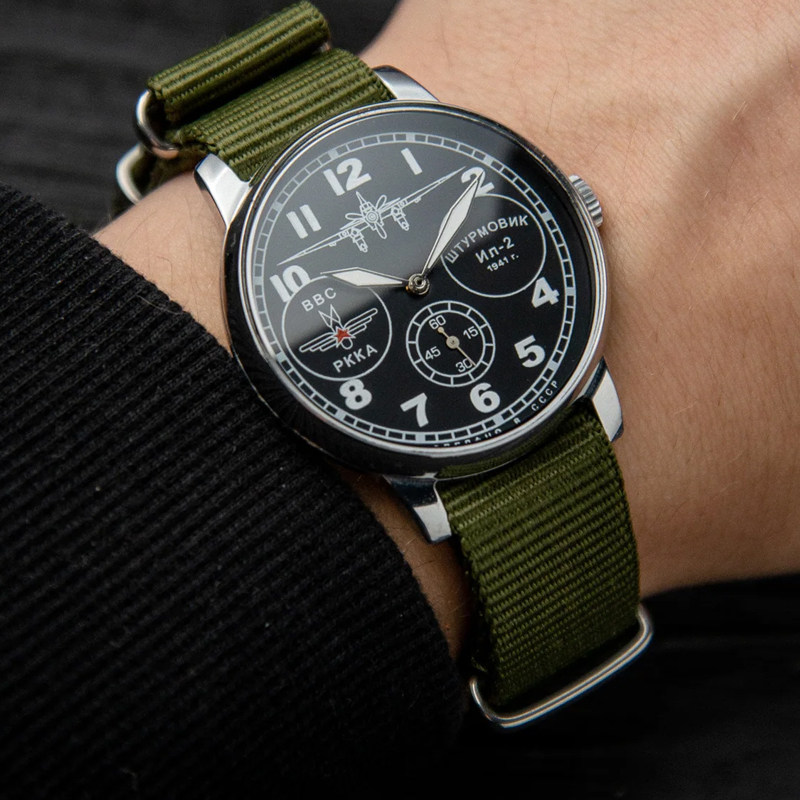 苏联军表空军伊尔攻击机透底24小时手动机械男表欧美腕表