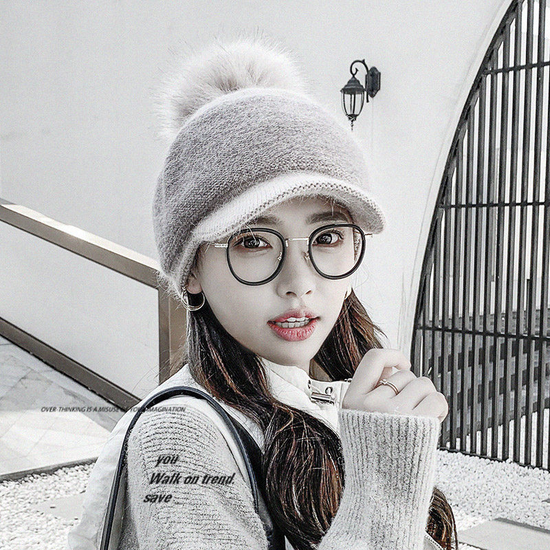 白色兔毛毛线帽子女秋冬时尚保暖小香风毛球显脸小针织帽女士韩版