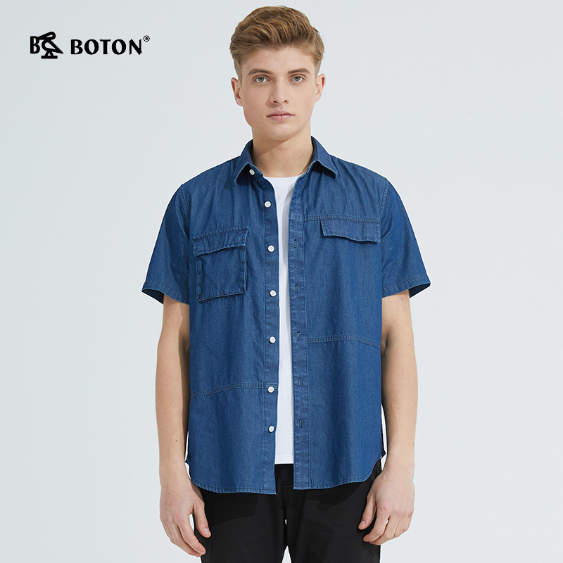波顿男装休闲纯棉蓝色牛仔短袖衬衫外套2022衬衫