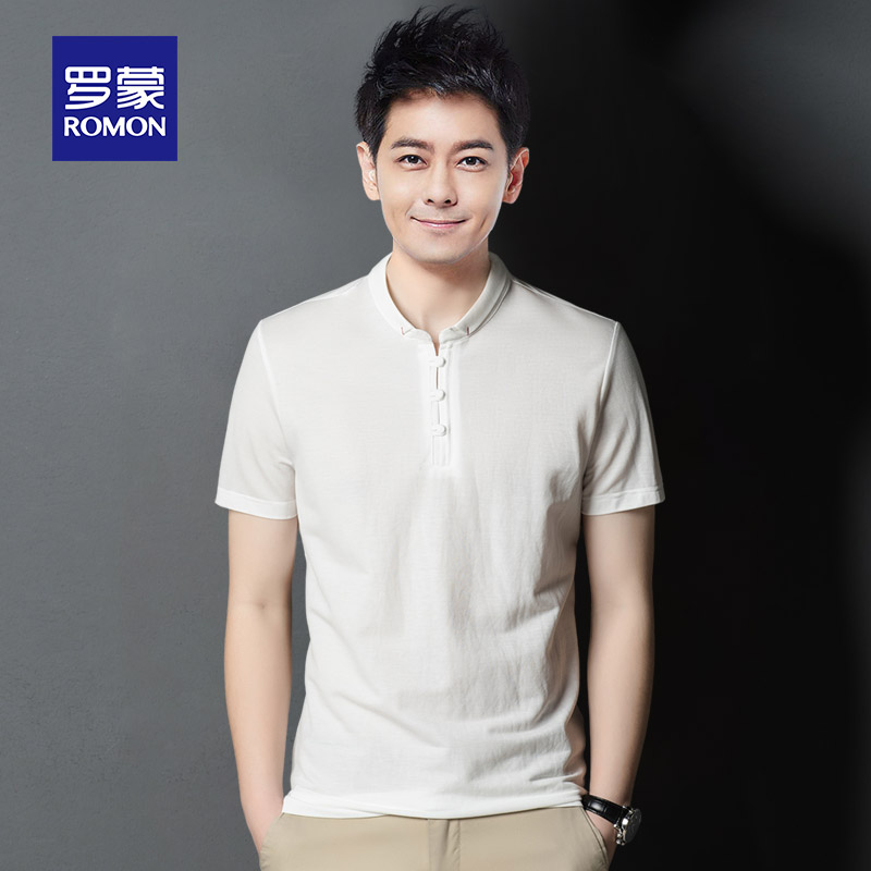 罗蒙短袖T恤男士商务t恤高级圆领唐装宽松POLO衫夏季新款官方上衣