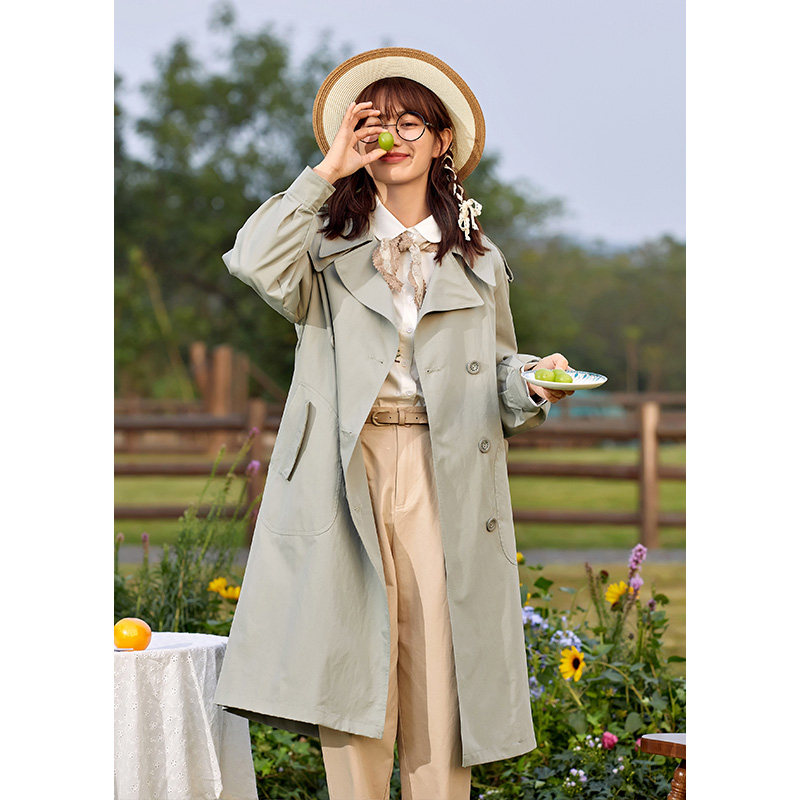 紫涵休闲系带长风风衣2022秋季新款纯色女外套风衣