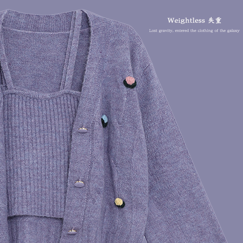 Weightless 失重\温柔毛衣外套开衫女吊带两件套紫色港风套装秋冬