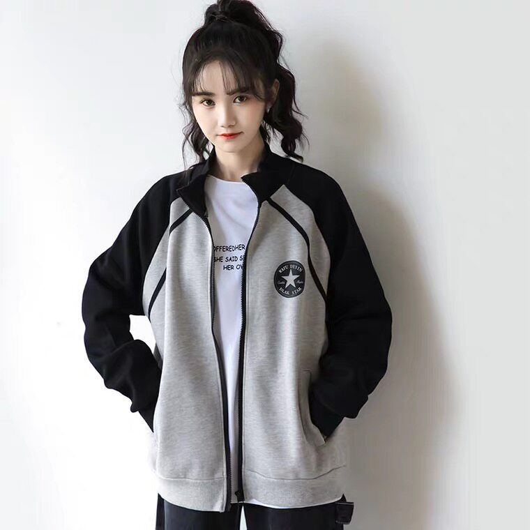 春秋女宽夹克棒球立领松开外套秋季运动拼色短外套