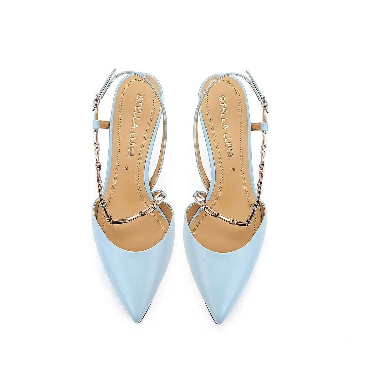 stellaluna女鞋春夏新款高跟鞋尖头牛皮链条欧美风单鞋