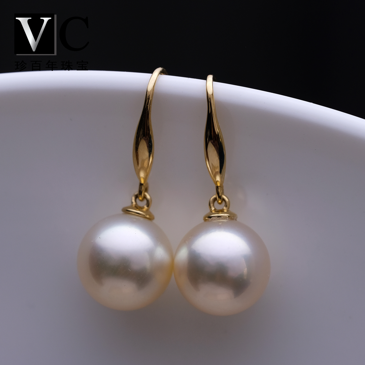 vc18k金干枯玫瑰耳钉澳白香槟色海水珍珠耳环南洋白珍珠耳饰