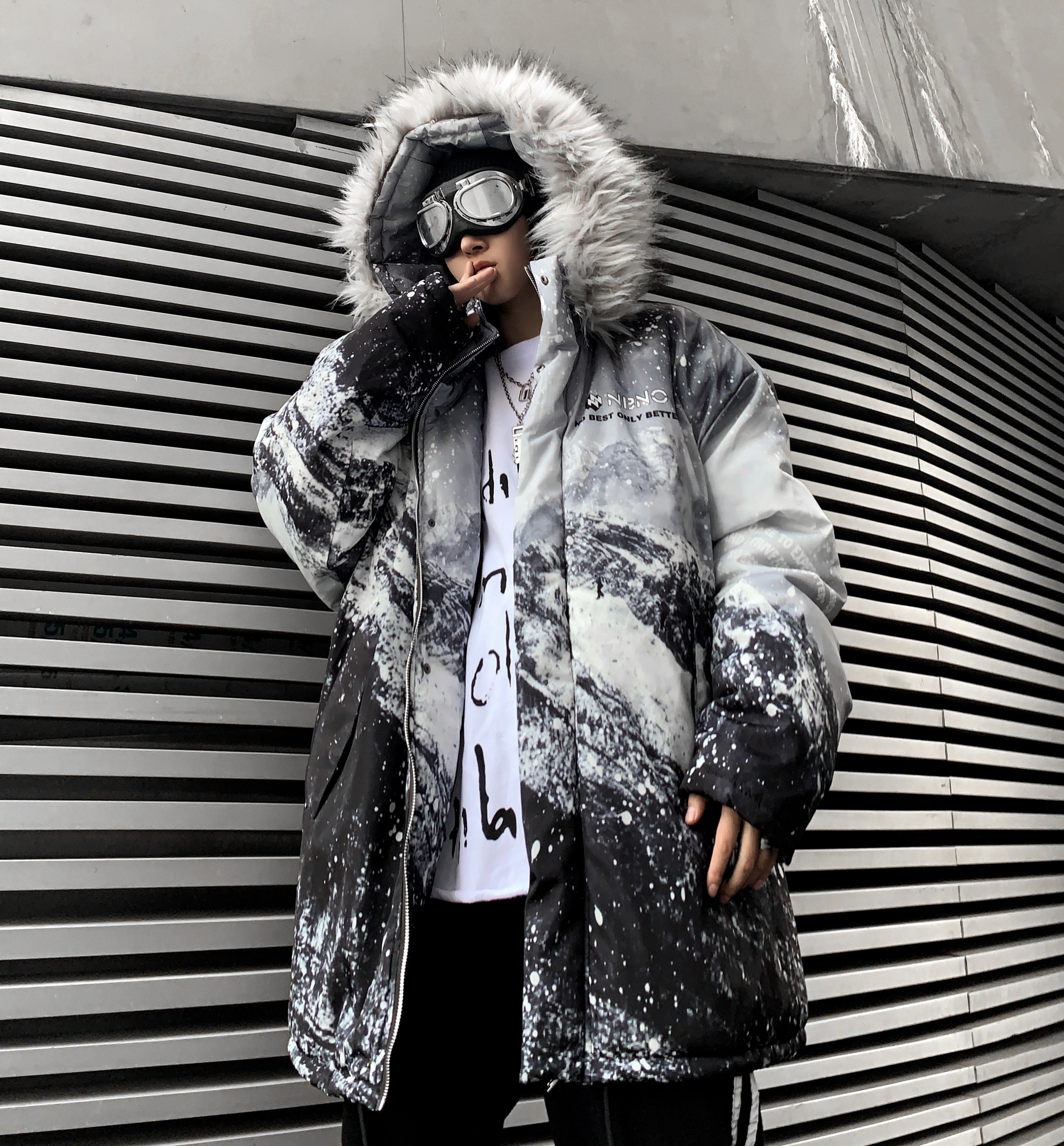 prophet泼墨雪山羽绒服男情侣加厚座山雕大毛领潮牌冬季棉服外套