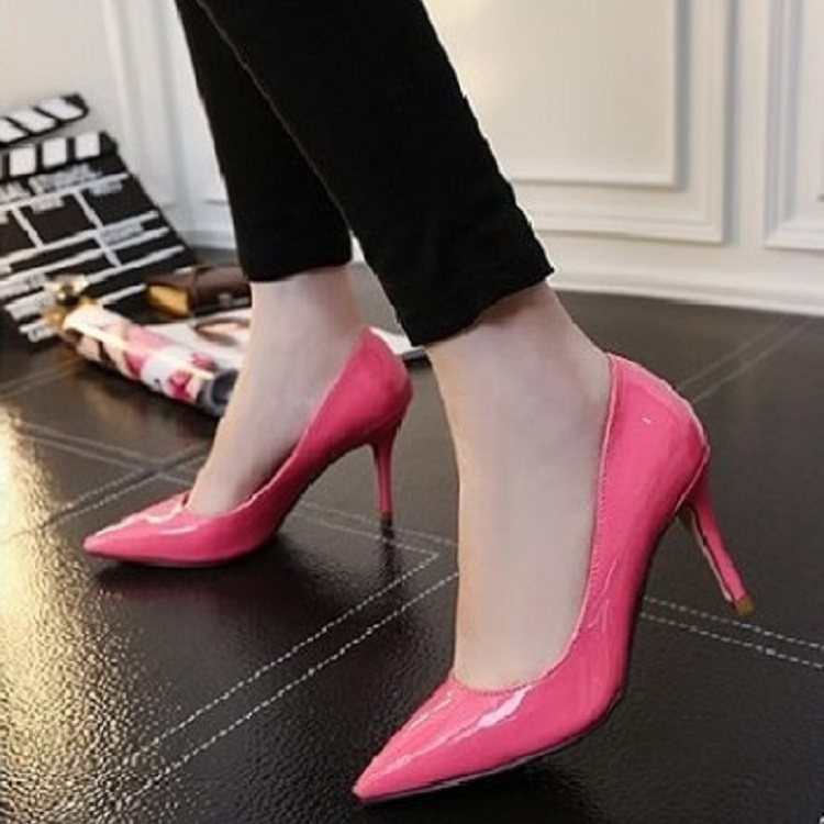 新款亮面平口尖头79cm细跟高跟鞋中跟漆皮黑色单鞋