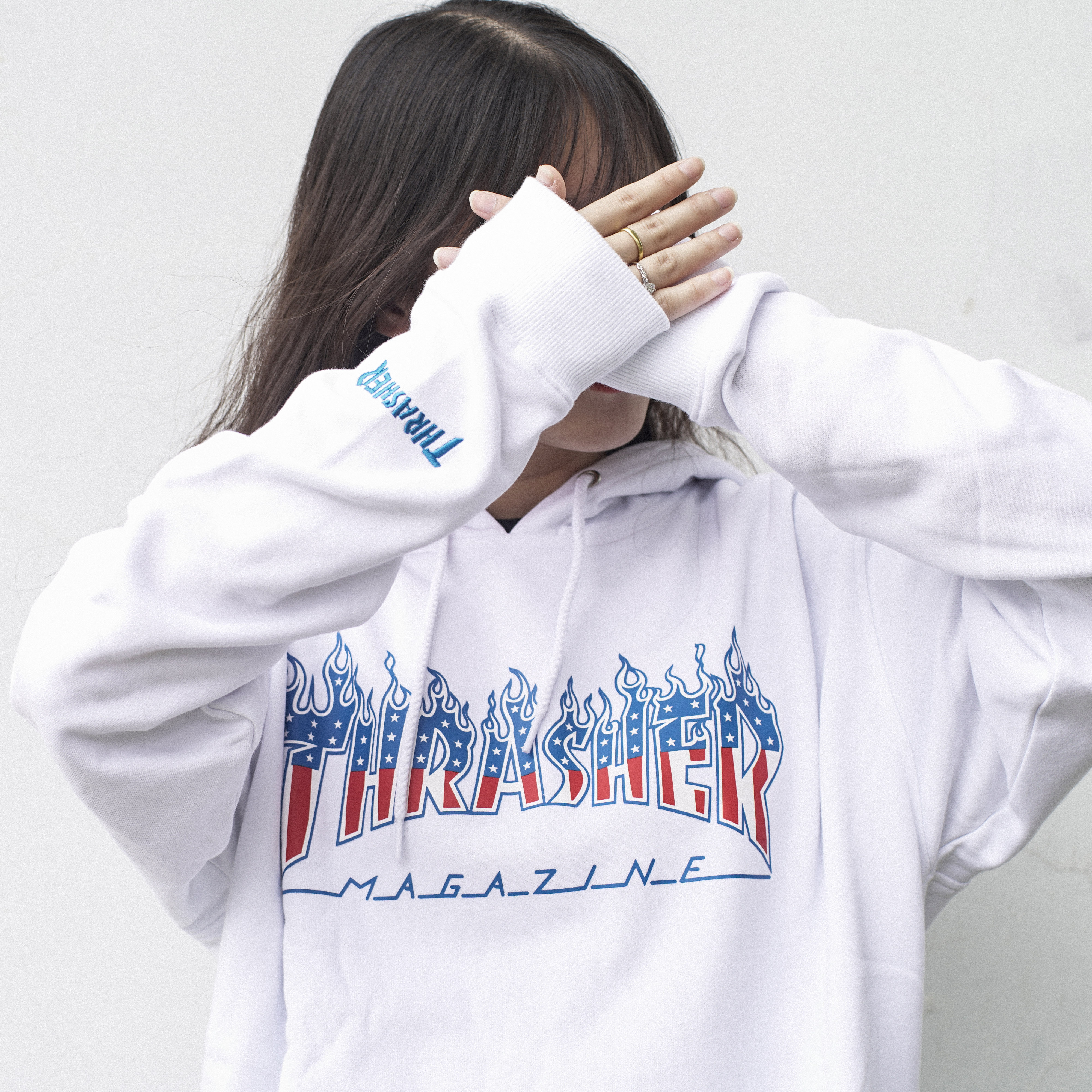 现货thrasher日版火焰fa20星条季节限定帽衫情侣卫衣