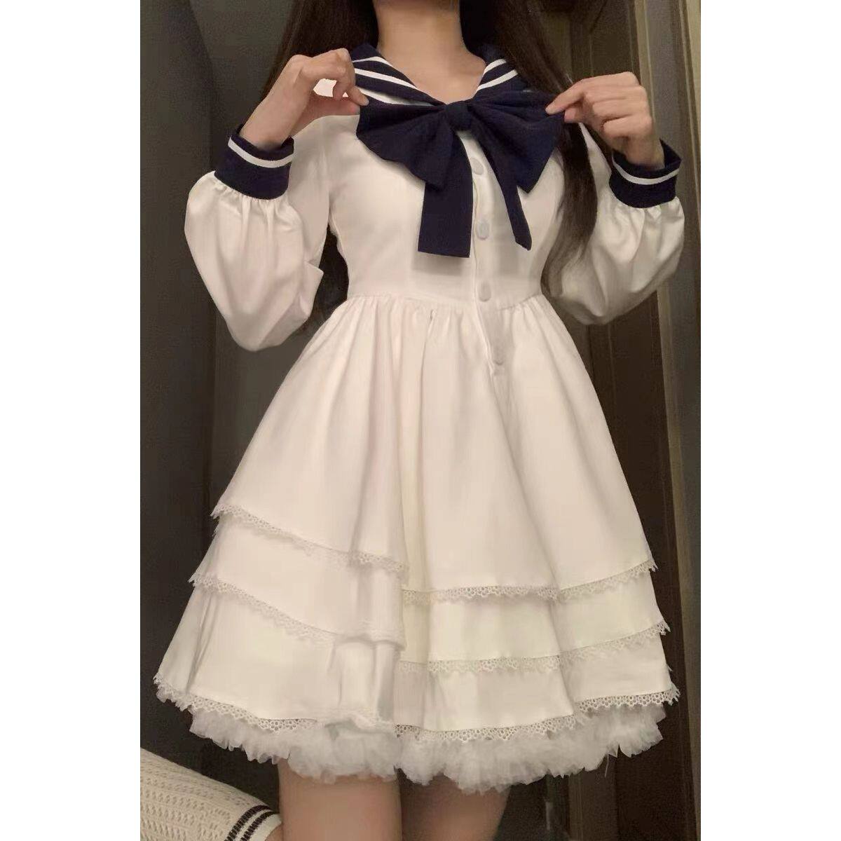 初秋长袖连衣裙少女jk日系学院风小个子显瘦甜辣海军领白色蓬蓬裙