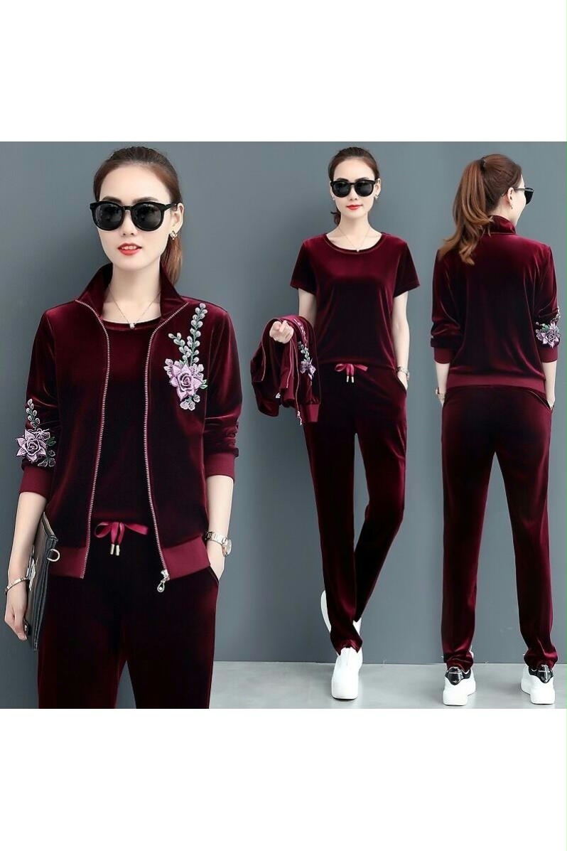 2019新款金丝绒套装女春秋时尚休闲卫衣三件套女士长袖运动服套装