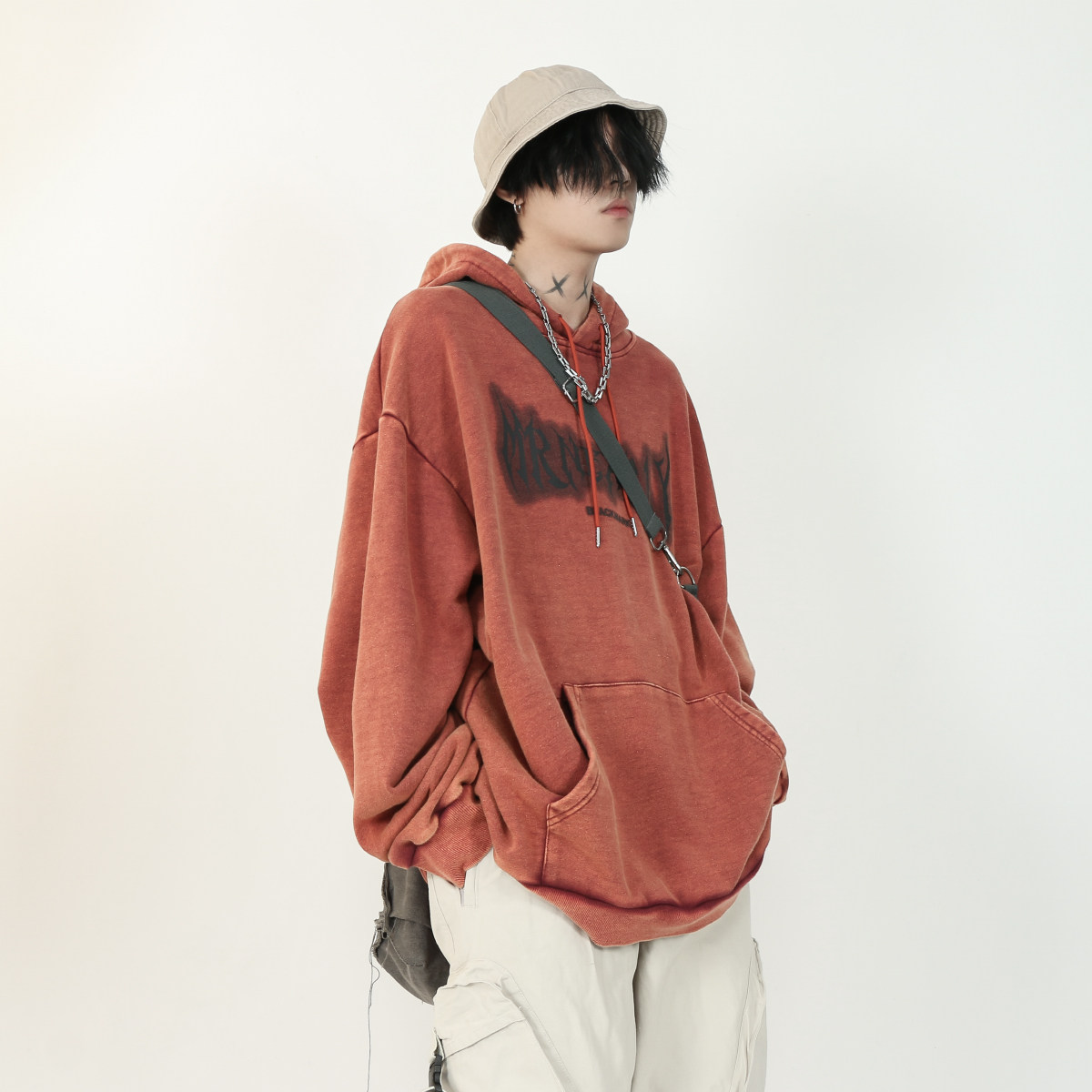 mrnearly做旧水洗字母涂鸦连帽卫衣男潮牌宽松美式卫衣