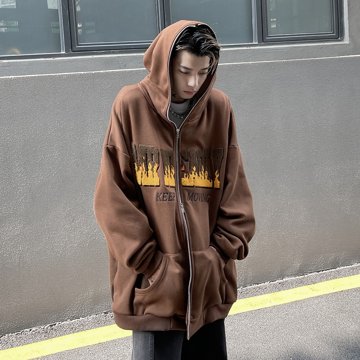 MRNEARLY美式复古刺绣连帽卫衣男开衫小众潮牌情侣装外套冬季加绒