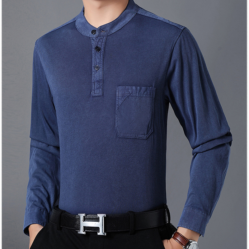 全棉长袖T恤男士有口袋立领体恤衫春秋薄款40岁50中老年人爸爸装