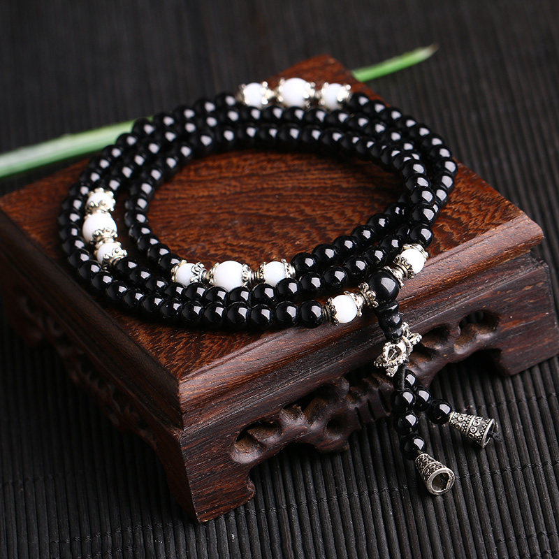 开光天然黑曜石108颗佛珠手链搭配白贝壳藏银配饰男女多层手串
