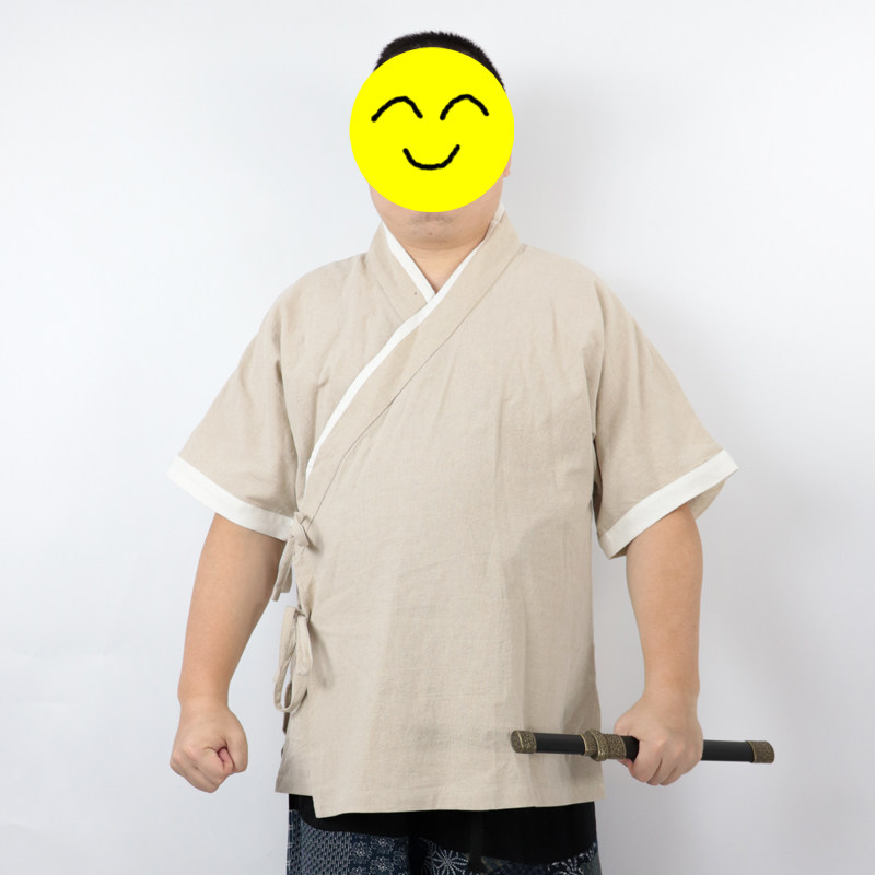 系带棉麻潮流古代半袖调节领可服潮码汉风大t恤