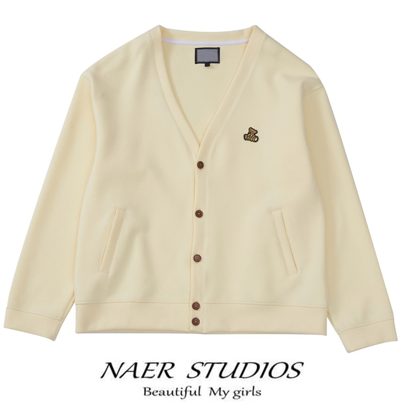 娜儿家小熊刺绣v领开衫针织衫男女情侣宽松休闲外套秋国潮学院风