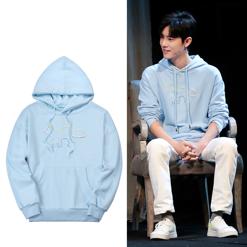 肖战同款衣服蓝色狐狸刺绣卫衣男女潮流百搭宽松新款情侣装外套