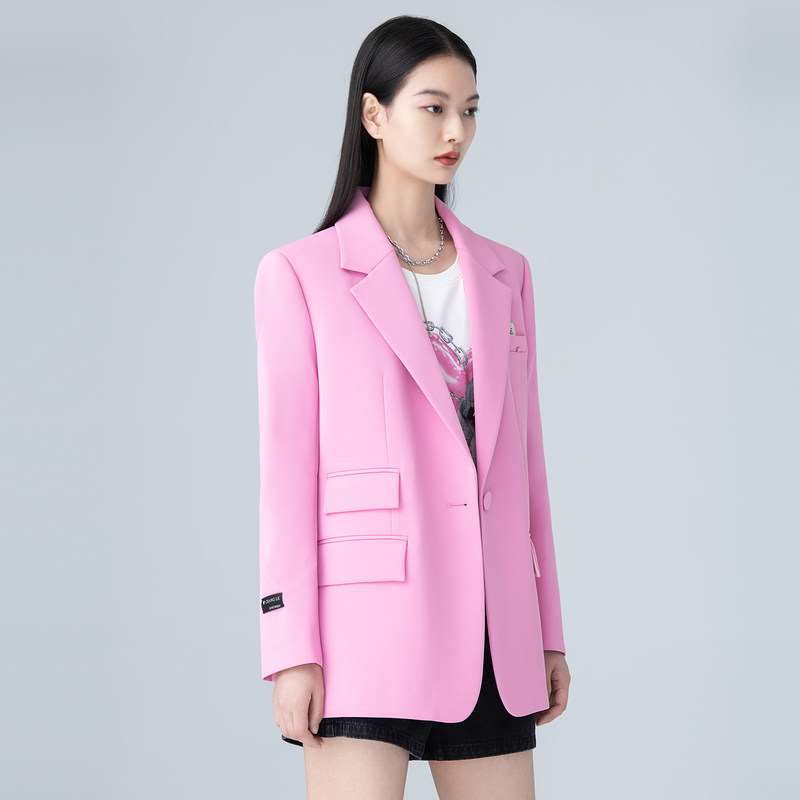 卡拉粉色西装外套春秋新款高级休闲时尚洋气高档西装
