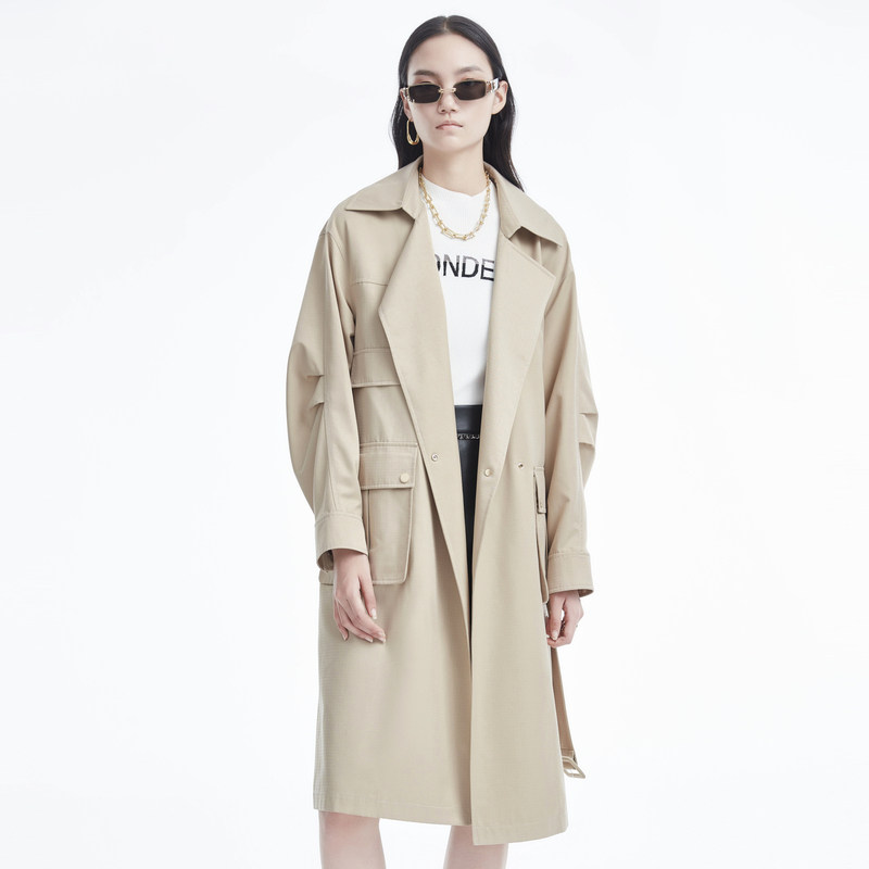 卡拉佛时尚卡其色风衣2021春新款v领中长款高腰显瘦百搭外套女