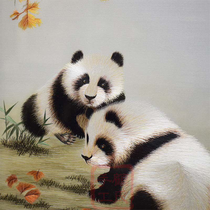 顾氏苏绣双面熊猫台屏丝中国风商务礼品刺绣绣家居苏绣