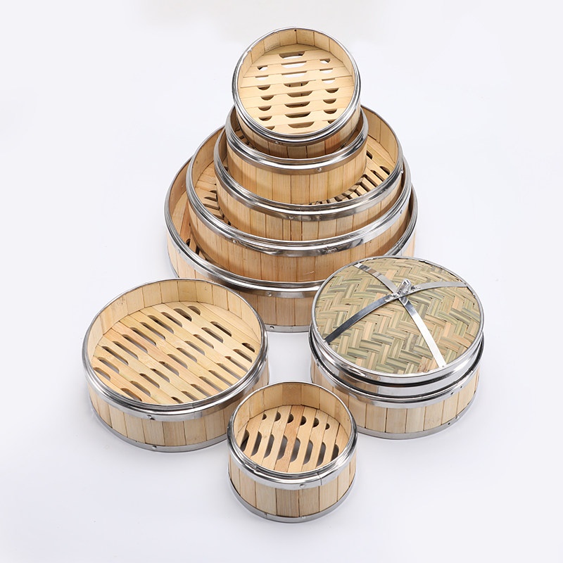 商用点心蒸屉竹制小笼包蒸饭笼不锈钢包边点心蒸笼广式早茶餐厅