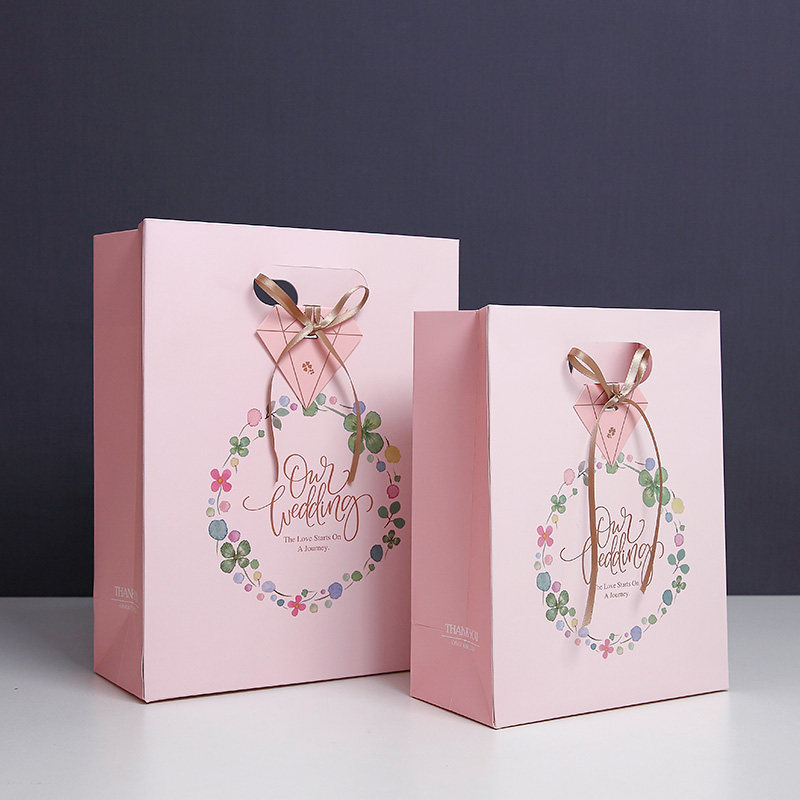 2018款婚礼手提袋结婚回礼袋粉色新娘伴手礼袋小清新森系精致纸袋