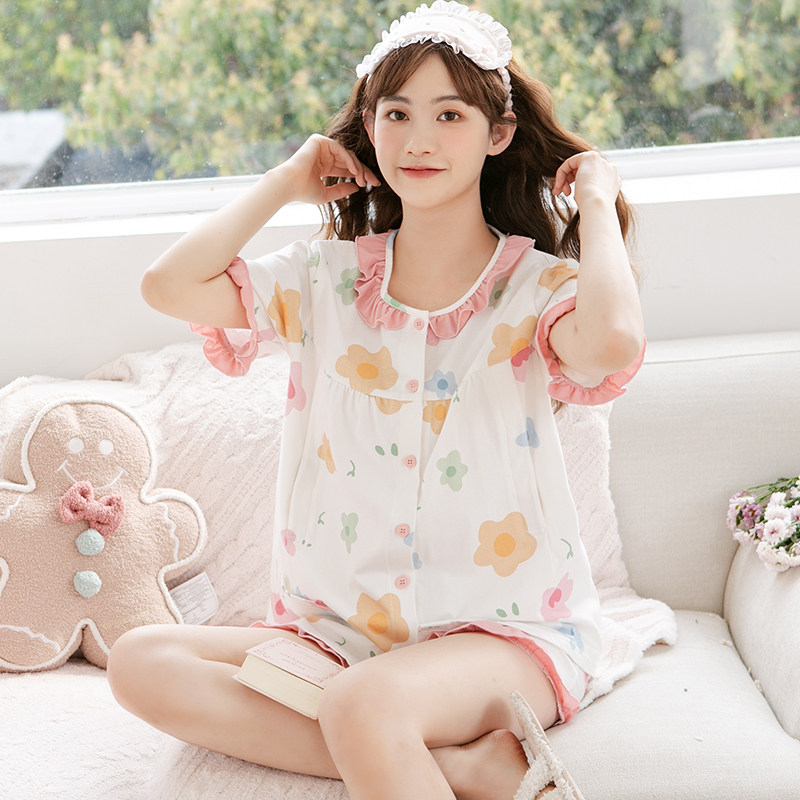 家时光夏季纯棉月子服薄款哺乳睡衣孕妇短袖套装家居服套装