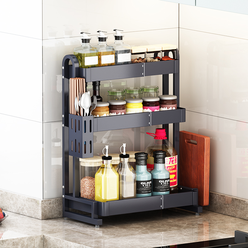 新款伸缩不锈钢厨房调料置物架三层台面灶台多功能厨房置物架
