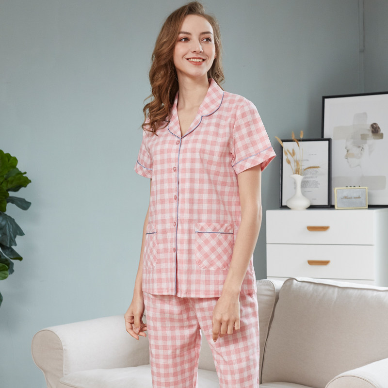 汝斯芬格子开衫睡衣女夏纯棉两件件套短袖长裤睡衣