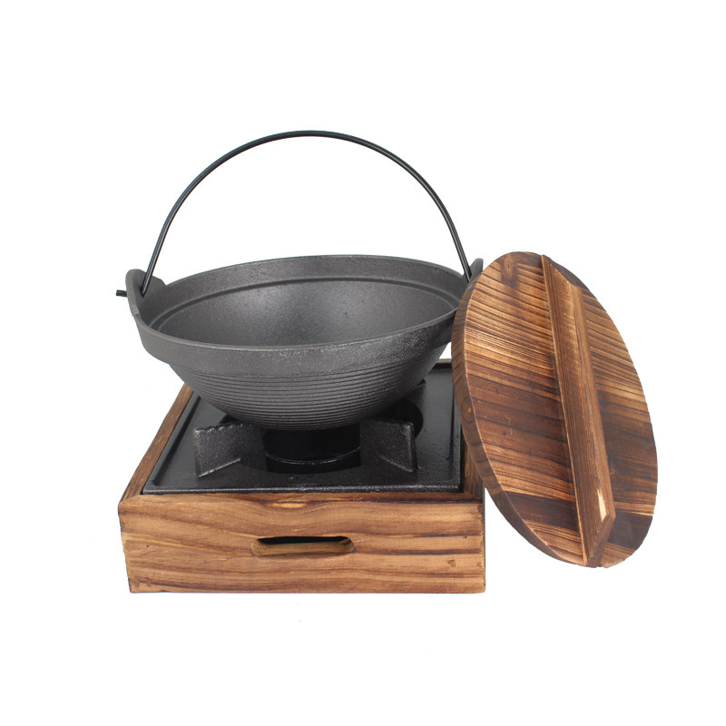 加厚铸铁木架酒精生铁手提螺纹铁煲锅小火火锅火锅