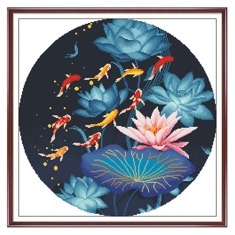 十字绣2021新款线绣客厅荷花九鱼自己手工刺绣十字绣套件