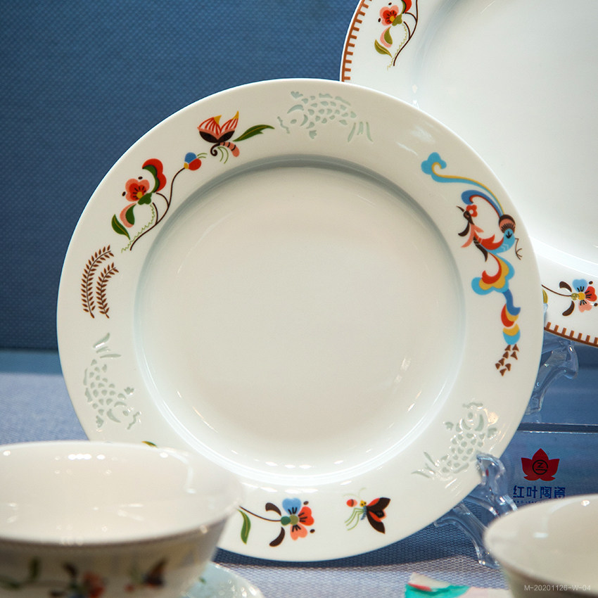 景德镇红叶陶瓷28头玲珑鱼凤呈祥餐具餐具瓷器套装