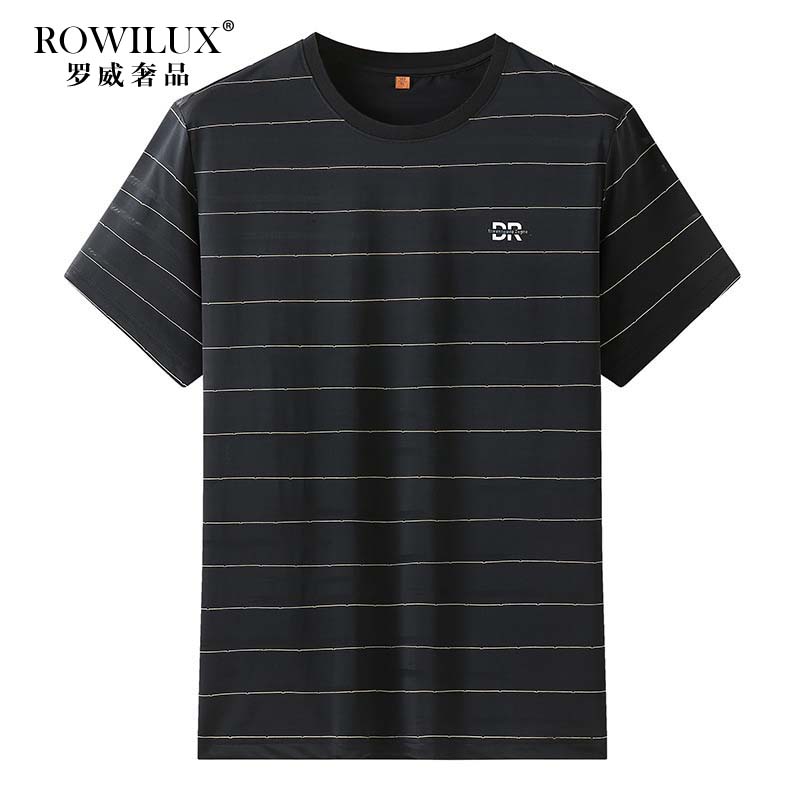 ROWILUX高级感冰丝条纹休闲短袖t恤男加肥加大肥佬圆领免烫体恤衫