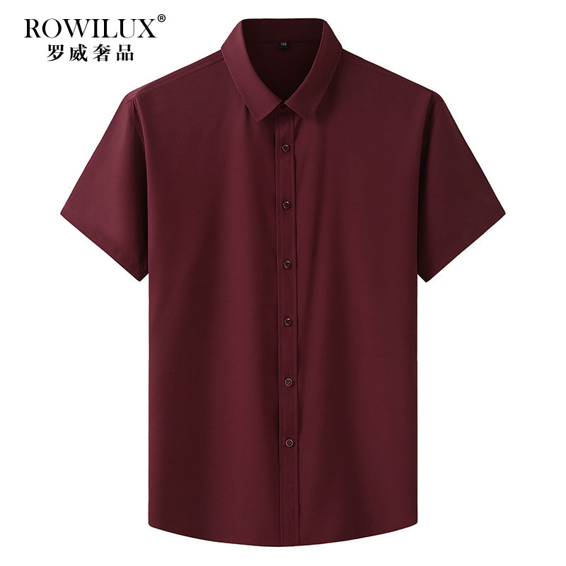 ROWILUX高端酒红色衬衫男短袖2022夏季冰丝上衣加肥加大码衬衣潮
