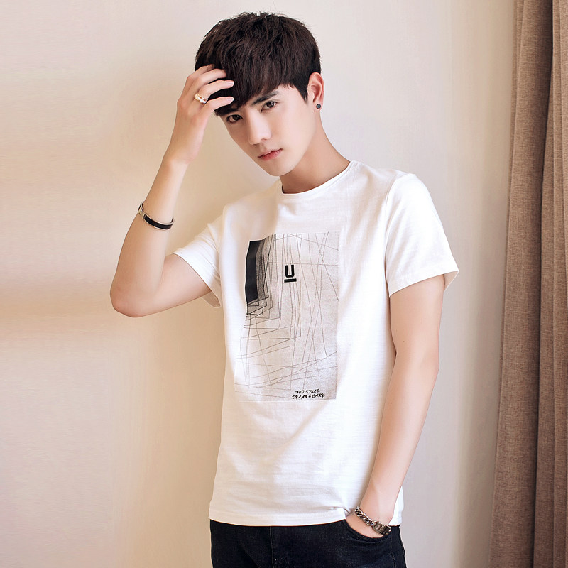 潮流男士短袖t恤夏季新款韩版修身圆领白色体恤青年学生半袖男装