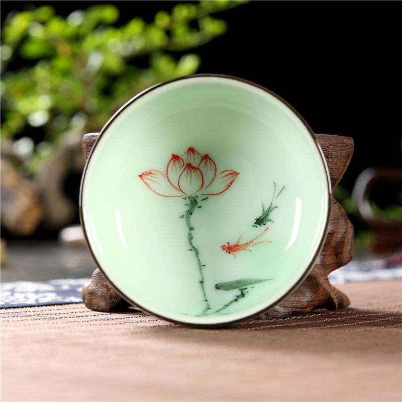龙泉陶瓷青瓷茶具手绘荷花莲花功夫茶茶杯套装茶杯