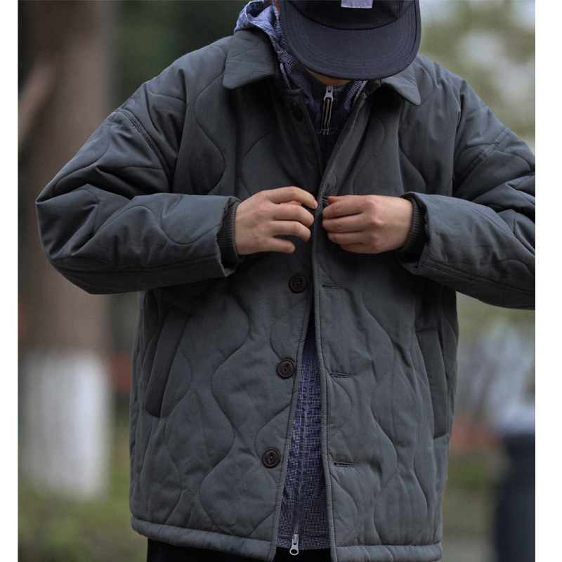 Nobodyknows 秋冬复古翻领简约葫芦纹宽松百搭厚工装男女棉服外套