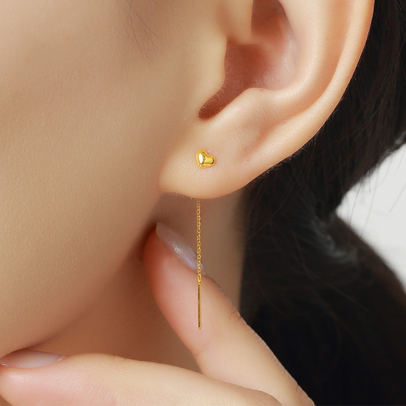 24k黄金耳饰纯金爱心耳线硬金流苏桃心耳环耳饰