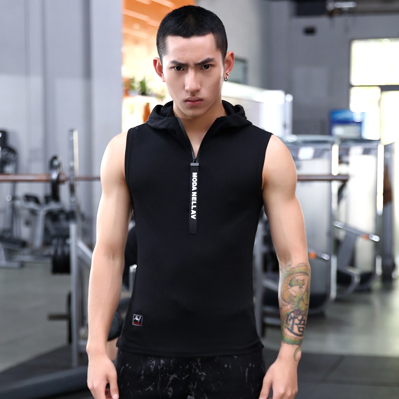 夏季连帽背心男士跑步运动健身训练弹力坎肩韩版修身拉链无袖t恤