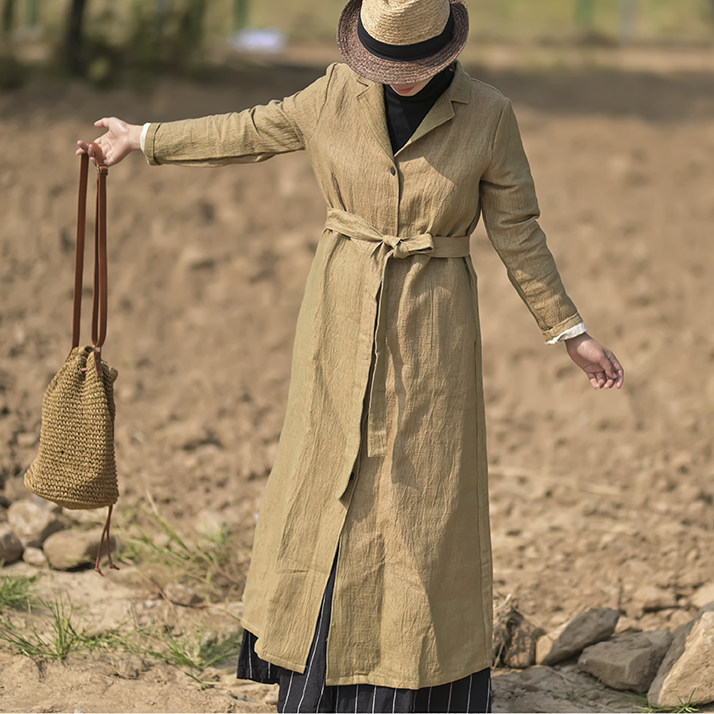 棉麻大码亚麻风衣女外套春秋中国国风长款文艺风衣