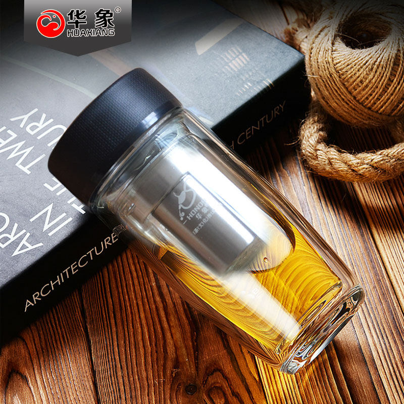 华象双层玻璃杯便携水杯高档男女商务办公杯加厚隔热创意过滤泡茶