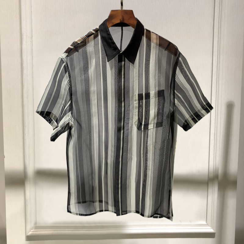 现22桑蚕丝条纹衬衣男夏新宽松薄款半透短袖休闲半袖上衣COS2200