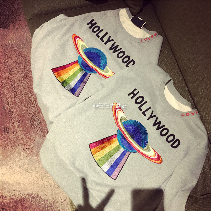 折扣现货misssha彩虹飞碟立体刺绣重工加厚做旧卫衣