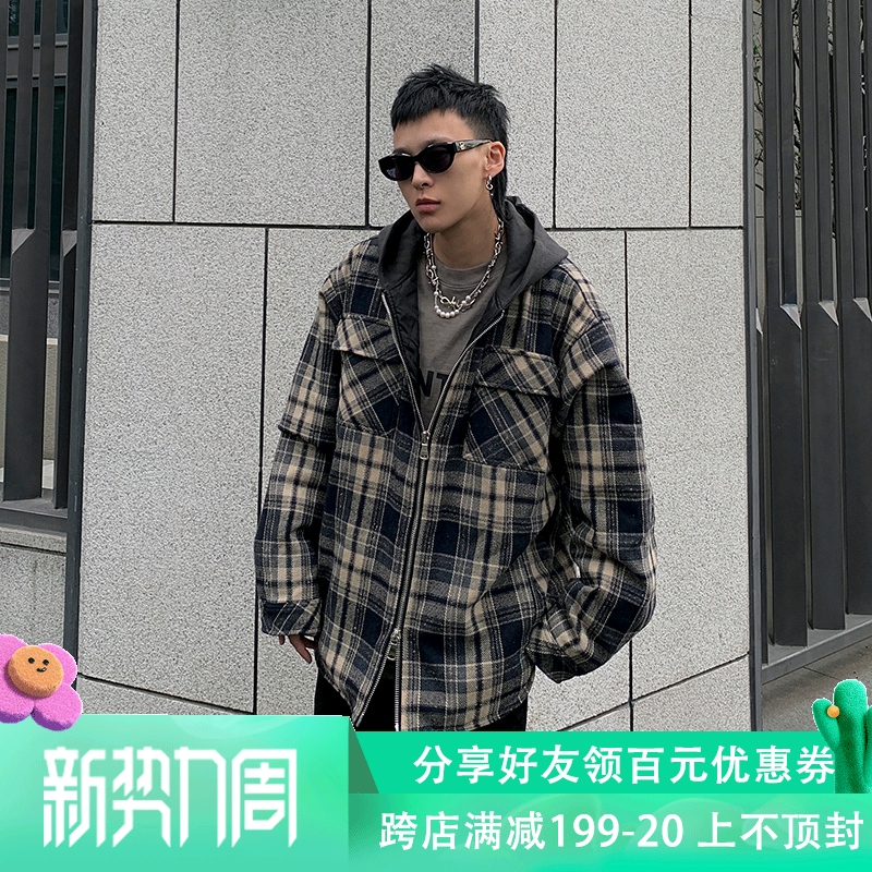 LKSTORE KTDA X a11slave 复古格子毛呢连帽宽松潮流拉链夹克外套