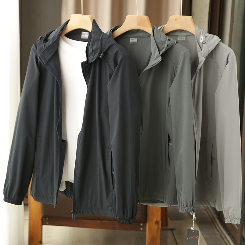 轻量级！户外四面弹面料！外贸男装剪标尾货春夏薄款连帽休闲夹克