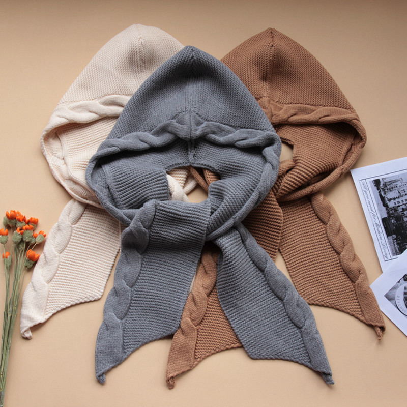 秋冬帽子围巾一体麻花针织毛线连帽围脖带帽帽子