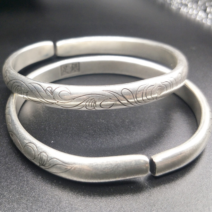苗银贵州苗族银饰半圆手工刻花开口胖瘦均可手镯