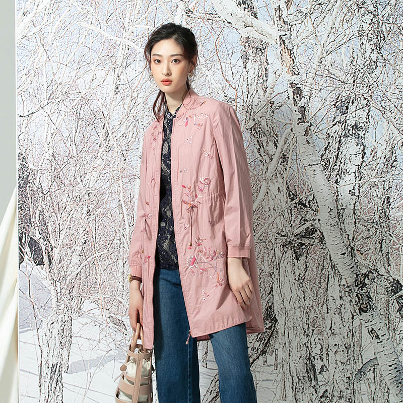 渔牌女装风衣2020新款中长秋冬纯棉绣花无弹风衣